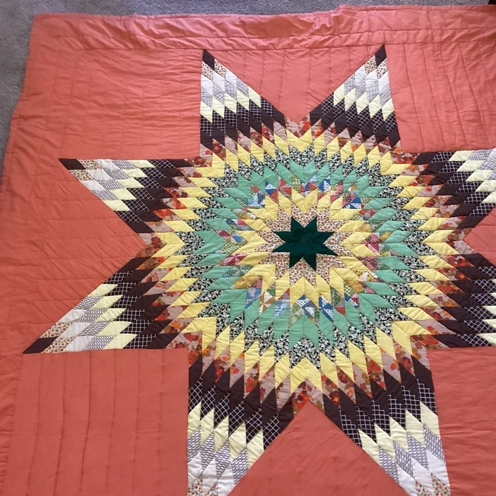 Vintage Lone Star Quilt Orange Brown Green 84”x90”